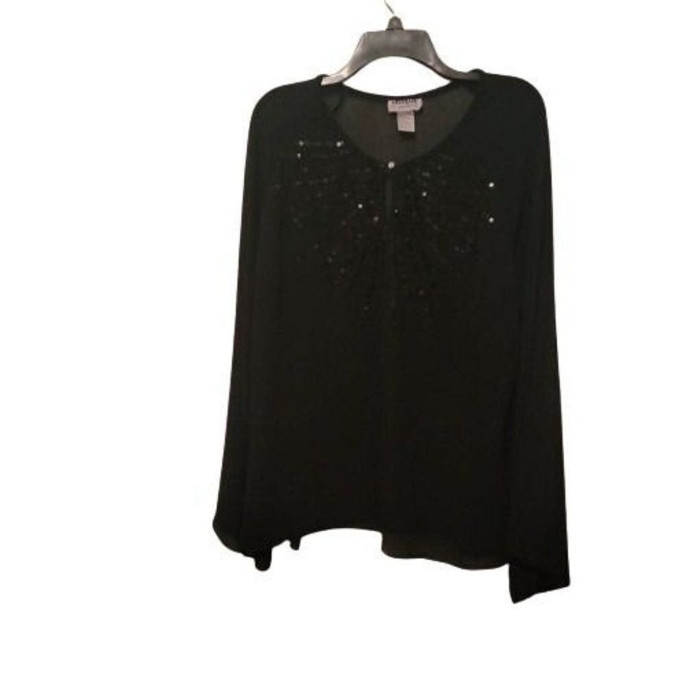 Unique Spectrum Womens Black Sequin Split Neck Long Sleeve Blouse Top Size 2X